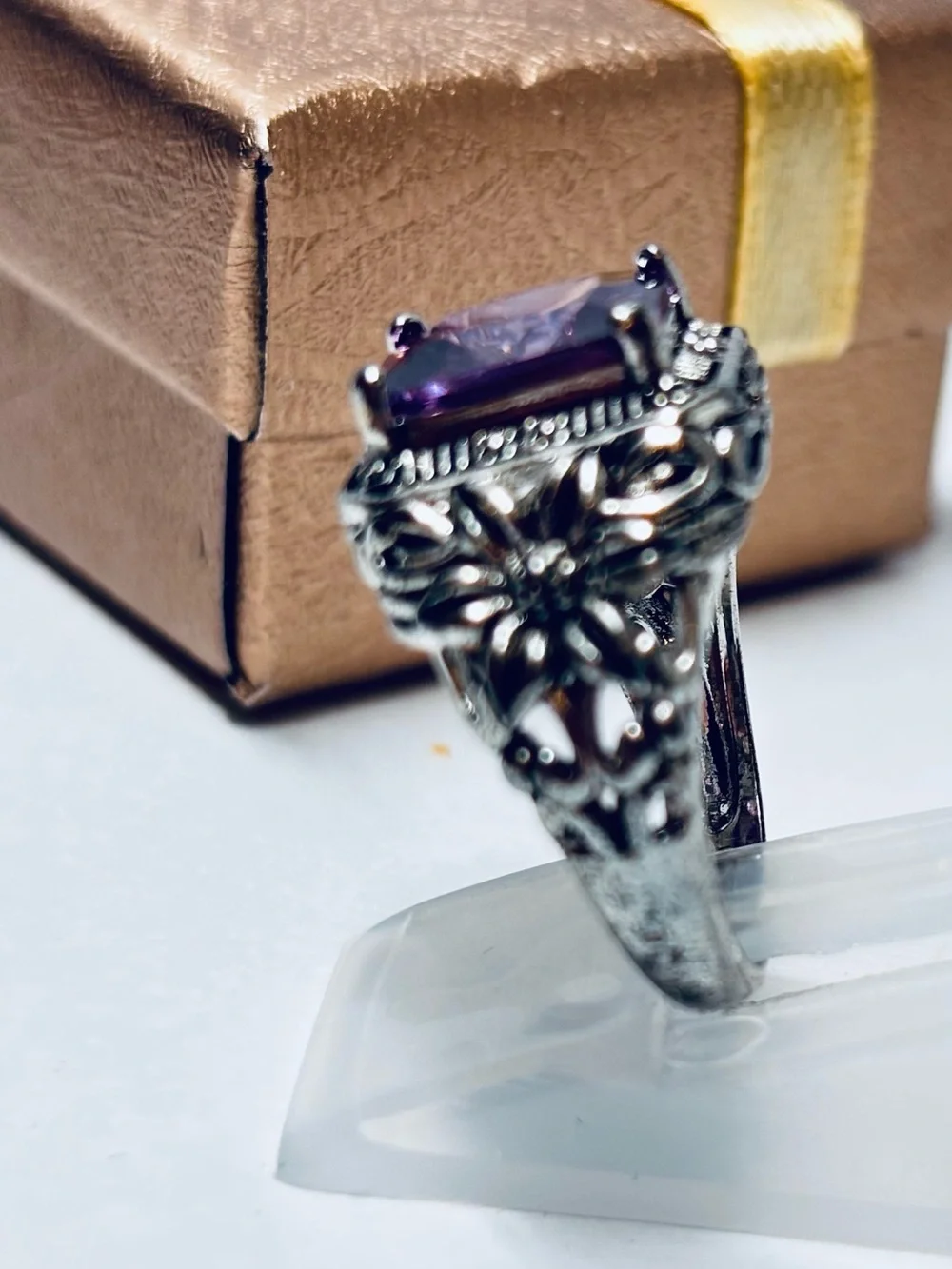 Vintage Style 925 Sterling Silver Purple Cushion Cut Statement Ring Size 6